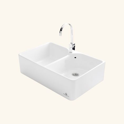 Cuisissimo – Évier timbre d'office céramique blanc 2 bacs – Pose à poser – Bonde et siphon inclus – Dimensions 795x500mm