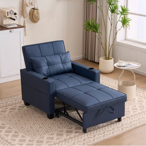 Canapé-lit 3-en-1 compact 74x87x84 cm bois et métal bleu, USB et porte-gobelets, petit espace – MEUBLIV (1/5)