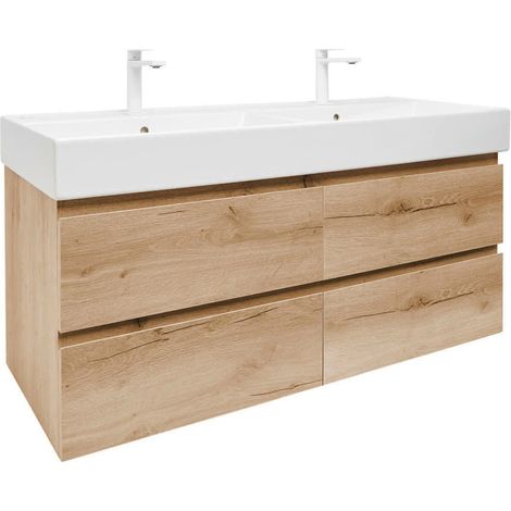 Ensemble meuble avec vasque double et 2 mitigeurs - SAT - B-Way - 119x50x45 - Chêne