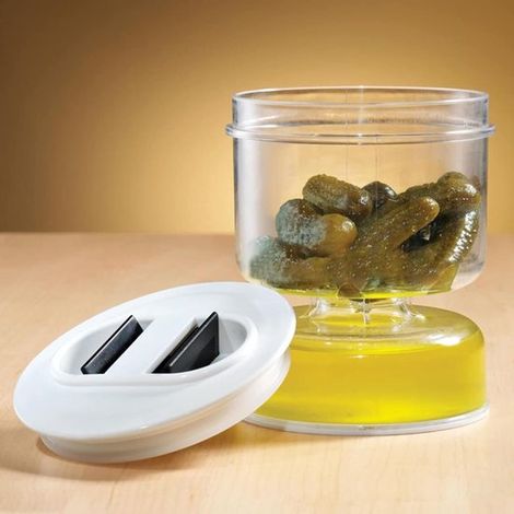 Barattolo reversibile per conserve con colino, ermetico e separatore di succo a prova di perdite per sottaceti e olive. (1/5)