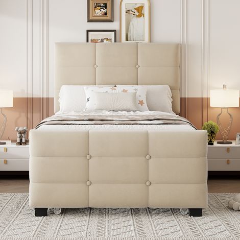 Lit simple en velours doux 90x190 cm, rembourré, avec lit escamotable, pour enfant, adolescent ou invité, beige (1/4)