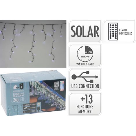 Wiederaufladbarer Solar-LED-Vorhang, 240 LEDs, 13 Funktionen, blinkend, kaltweiß, 5,6 m