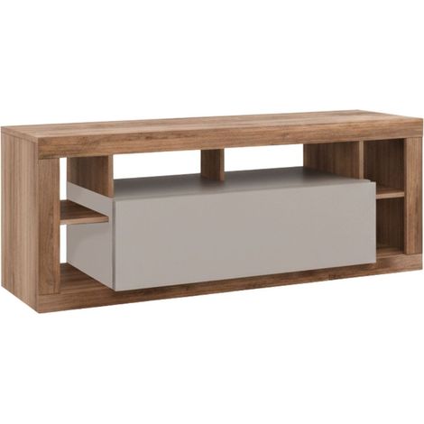 Meuble TV 1 porte avec encadrement 6 niches beige et aspect bois finition Mercure - LIMANI (1/5)