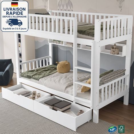 Letto a castello 90x200cm - Letto a castello per bambini 90x200cm - Struttura modulare - Moderno - Con due cassetti contenitori - Legno certificato PEFC - Bianco (1/5)