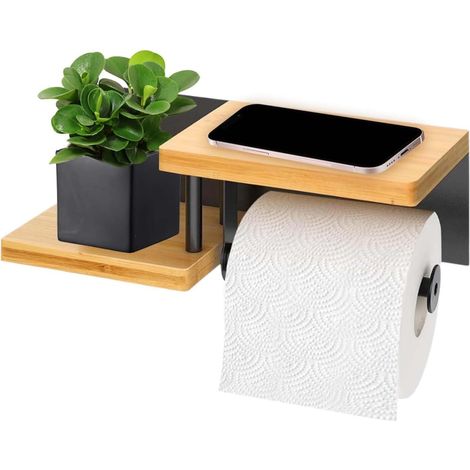 Porte-rouleau de papier toilette en bambou,Porte-rouleau de papier toilette pour Salle de Bain,Convient à la Cuisine et à la Salle de Bain, avec cloisons de Rangement (1/5)