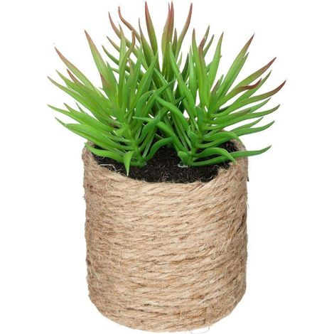 Plante verte artificielle succulente 16 cm – Pot en chanvre tressé D. 12 cm – Décoration ethnique chic pour intérieur (1/5)