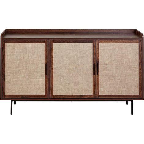 Calicosy – Buffet 3 portes décor noyer – Façades en tissu beige – Dimensions L140 x H79 x P39,5 cm – Pieds en métal noir (1/5)