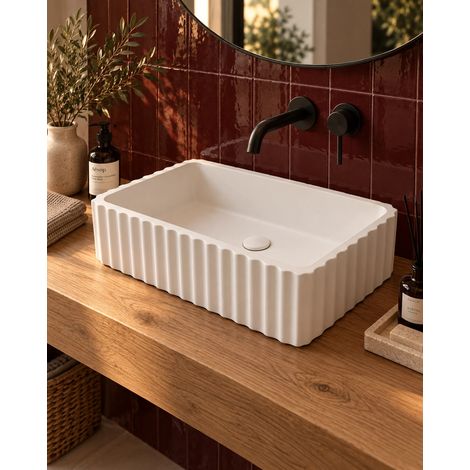 Lavabo 50x30 cannettato rettangolare da appoggio in cemento bianco opaco Atene (1/5)