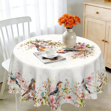Nappe Ronde 140 cm Résistante aux intempéries Lavable Polyester Motif d'oiseaux aquarelle Nappe d'extérieur pour jardin, cuisine, salle à manger, balcon pour 4 à 6 personnes Imperméable (1/5)
