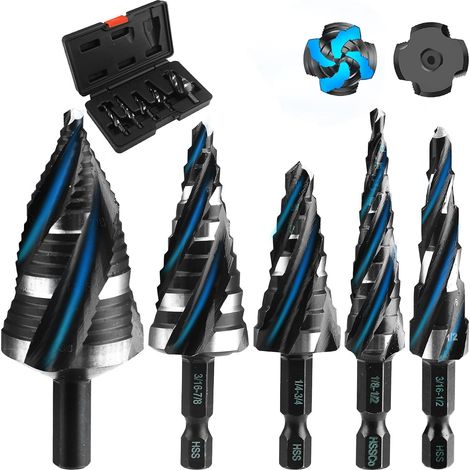 5-teiliges Stufenbohrer-Set mit Titanbeschichtung – Vier spiralförmige Aussparungen – 1/4"-Sechskantschaft – 50 Größen – Edelstahl, Aluminium, Holz – 1/4" – 5-teilig (1/5)