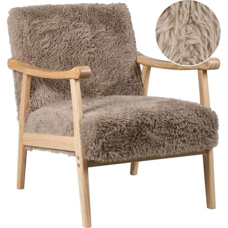 Armchair Taupe Polyester Faux Fur Upholstery Retro Design Wooden Frame Armrests Living Room LEKNES
