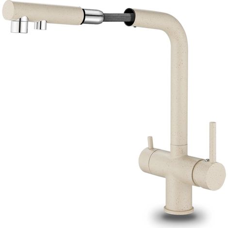 Robinet de cuisine 3 voies avec douchette extractible, mitigeur d'évier rotatif à 360° pour eau chaude/froide et filtrée, bec flexible avec tuyaux G3/8 et kit d'installation complet, beige (1/5)