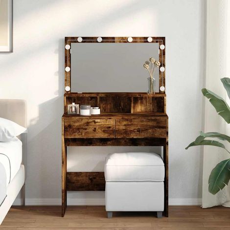 Coiffeuse avec miroir LED USB, 2 tiroirs, chêne fumé, 80 x 41 x 134,5 cm - PANGIVO (1/5)