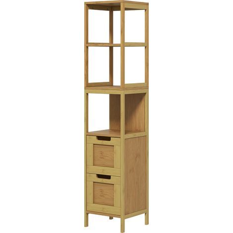 Meuble Colonne Rangement Salle de Bain Style Cosy dim. 30L x 30l x 144H cm 3 étagères 2 tiroirs Bambou (1/5)