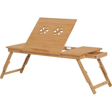 Table de lit pliable et inclinable pour ordinateur portable avec tiroir, 72 x 35 x 22-30 cm, couleur bois (1/5)