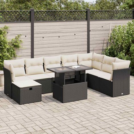 Ensemble Salon Jardin 9 Pièces Noir Résine Tressée avec Table Verre Trempé et Coussins Crème - Meubles Extérieur Modulaires Rangement Intégré (1/5)
