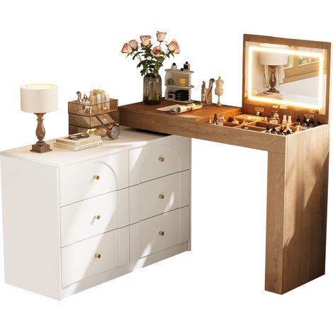 Coiffeuse pivotante avec miroir LED 3 couleurs, 7 tiroirs, meuble 2-en-1 pour maquillage et bureau, design blanc et bois clair, idéale petit espace  CHICFURN (1/5)