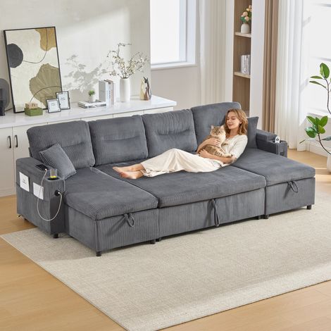 Canapé 4 places en velours avec chaises longues, rangement, porte‑gobelets, USB et couchage escamotable, élégant pour tout salon (1/5)