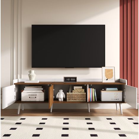 meuble rangement tv 160 cm 3 portes bois blanc naturel OKMYHOME (1/5)