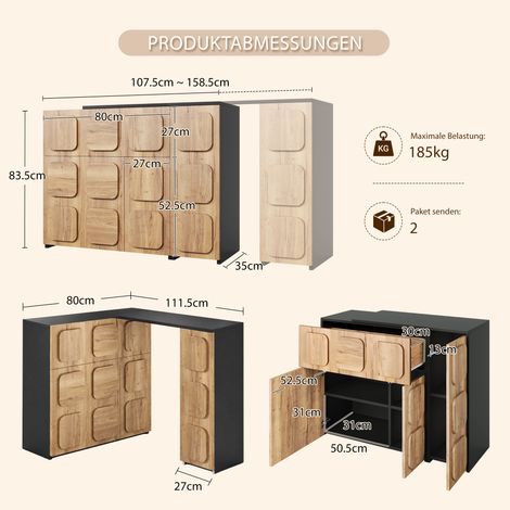 Credenza in legno con ante, credenza modulare con ampio spazio contenitivo, cassettiera per soggiorno con cassetti e vani a giorno, meccanismo push-to-open, look moderno in legno, per soggiorno, sala (1/5)