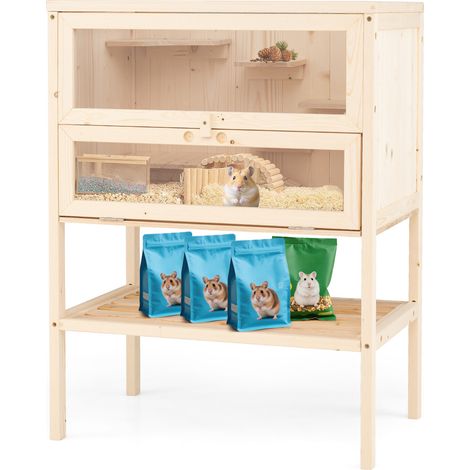 Cage en bois naturel pour hamster de 80 cm avec toit ouvrant grillagé et plateformes pour chambre et salon (1/5)