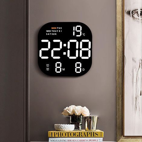 Reloj de pared electrónico LCD090 [Gran pantalla LED multifuncional] Reloj digital con control USB de 5 V, indicador de temperatura, indicador de mes, retroiluminación, color naranja, 22,7 x 22,7 x 3  (1/5)
