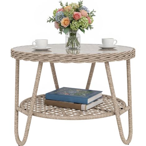 Table de jardin extérieure en rotin, table d'appoint avec étagère, plateau en verre trempé, 65 x 65 x 50 cm, jaune