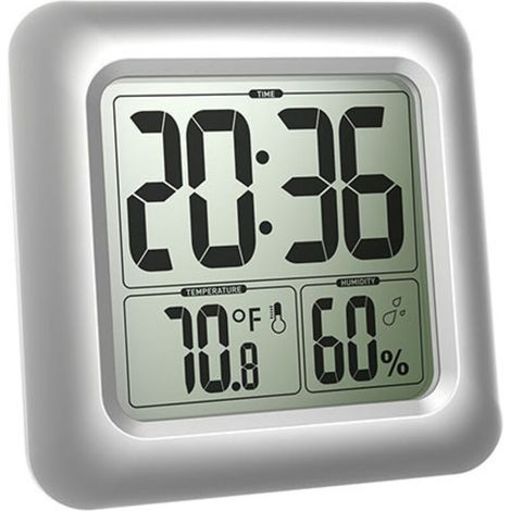 Reloj de pared grande impermeable para baño, pantalla LCD grande, resistente al agua, reloj colgante de fácil lectura para personas mayores (plateado) (1/4)