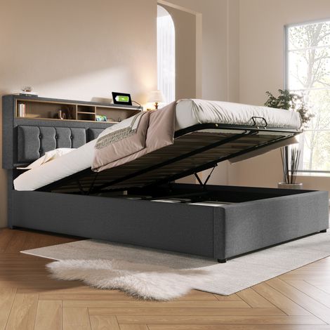 Letto imbottito matrimoniale 140x200 cm moderno in lino grigio con testiera regolabile, prese USB/Type-C e vano contenitore (1/5)