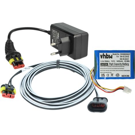 vhbw 1x Alimentation, 1x Batterie 3400 mAh, 1x Câble basse tension 3 m remplacement pour Husqvarna 589 58 62-01, 584 85 28-02 pour tondeuse à gazon
