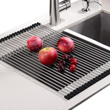 Scolapiatti arrotolabile, 100% senza BPA, scolapiatti pieghevole ideale per frutta, verdura, stoviglie, acciaio inossidabile rivestito in silicone resistente, nero, dimensioni 52,8 x 34 cm
