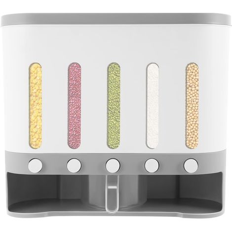 5 Grid Cereal Dispenser Wall Mounted Rice Grain Dry Food Container Kitchen Household Storage Case Box 10L (1/5)