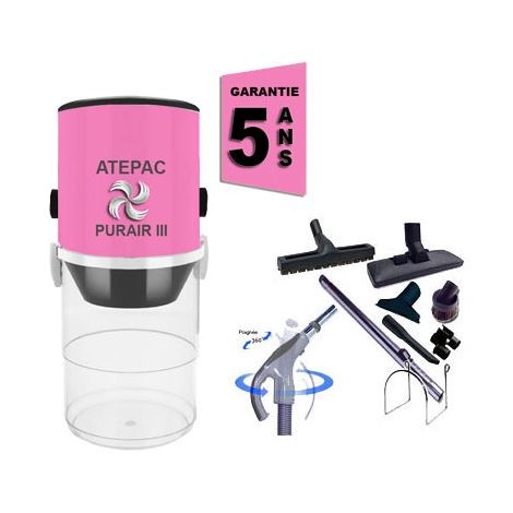 Aspiration centralisée ATEPAC PURAIR III garantie 5 ans (jusqu'à 250 M²) + Set inter 9 M + 8 accessoires + 1 Kit de nettoyage micro