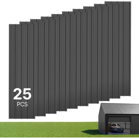 VEVOR Plaques de Toit Metalliques 1540x426 mm, Lot de 25, Toles de Toiture Trapezoïdales en Acier Galvanise, pour Abri de Jardin, Abri Voiture, Poulailler, Etable et Auvent, avec Vis et Gants, Gris (1/5)