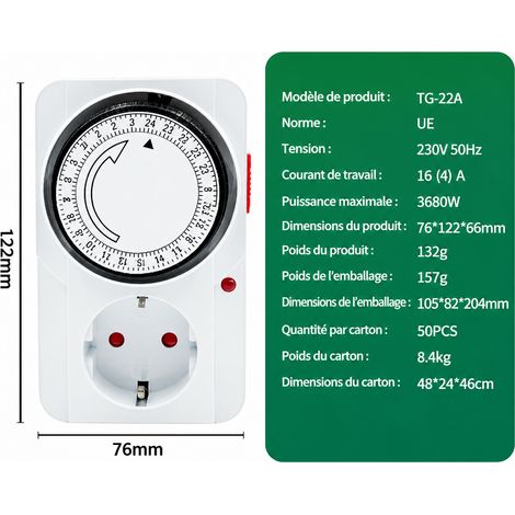 Prise Programmable Mécanique Minuterie Standard Européen EU Bouton et Molette Coupe-Circuit 220V PC Ignifuge 150 g – Livraison gratuite