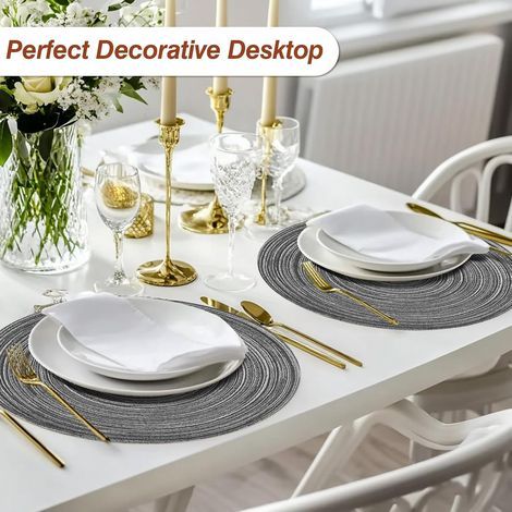 Set mit 6 runden, gewebten Platzsets, hitzebeständig, rutschfest, waschbar, aus geflochtener Baumwolle, für Esszimmer- oder Küchentisch, 38 cm (grau) (1/5)