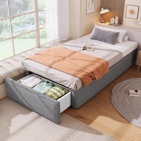Letto per bambini 90x200 cm con contenitore idraulico e 1 cassetto, stile classico, tessuto in cotone e lino grigio. (1/5)