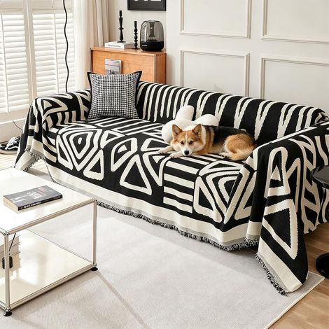 Housse de canapé style bohème, réversible, utilisable comme couvre-lit, housse de canapé ou protection pour canapé. Convient aux enfants, chiens et chats. Dimensions : 180 x 230 cm - Noir. (1/5)