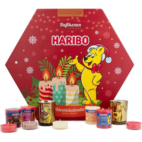 Haribo Calendario de Adviento velas perfumadas, 10 velas votivas, 12 velas de té, duroplast y cristal, cera de parafina, multicolor
