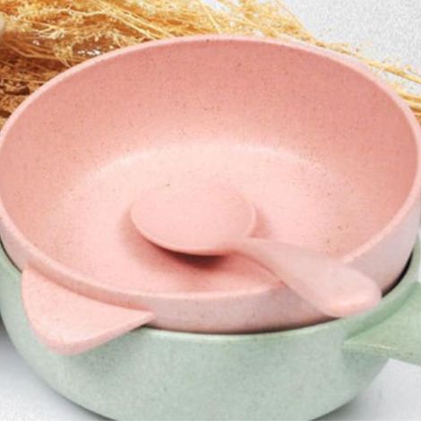 Bol enfant en paille de blé avec cuillère, bol à riz biodégradable et écologique, bol à dessert, ensemble de vaisselle (1/4)