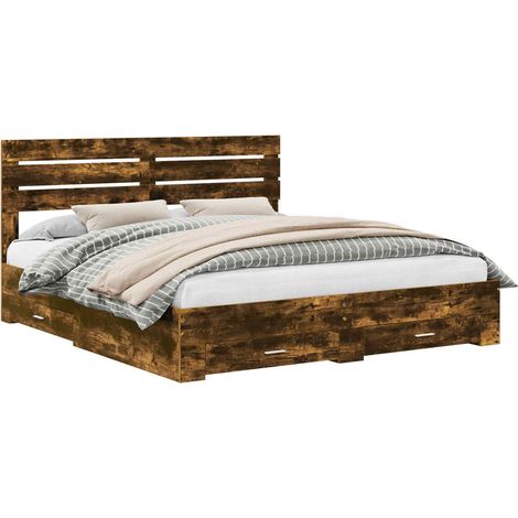 Bed Frame with Drawer Smoked Oak 200 x 200 cm Engineered Wood vidaXL (1/5)