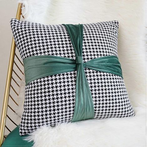 Housse de coussin décorative de luxe à motif pied-de-poule avec nœud papillon, pour canapé ou lit (vert, 45 x 45 cm) (1/4)