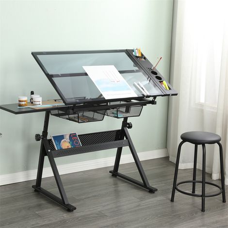 Bureau de Dessin en Verre Trempé avec Tabouret - 98x60 cm - Table à Dessin Inclinable avec 2 Tiroirs Métalliques - Noir (1/5)
