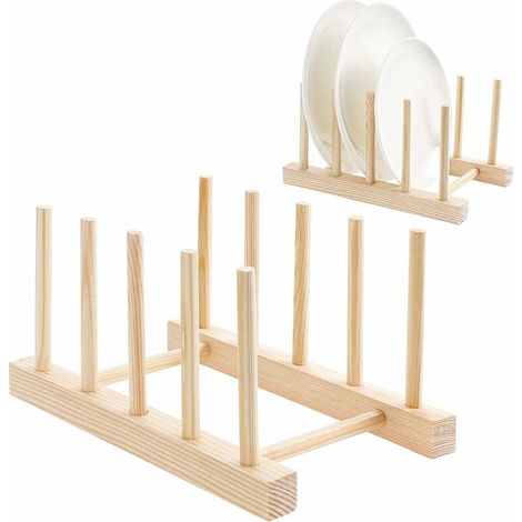Lot de 2 égouttoirs à vaisselle en bambou, porte-assiettes en bois, porte-assiettes en bambou, égouttoir à vaisselle en bambou, pour bols, tasses, planches à découper, CD et livres (1/5)