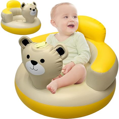 Chaise de siège d'apprentissage gonflable pour bébé avec ours de dessin animé jaune-beige, siège gonflable avec porte-gobelet pour bébés à l'intérieur à la maison, 504734 cm (1/5)