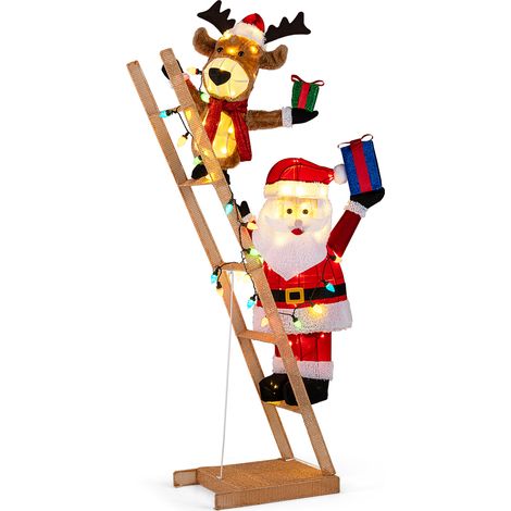 170CM Cerf Lumineux et Père Noël sur Échelle, Décoration de Noël 3D Pré-Éclairée avec 100 LED, Piquets de Fixation, Décoration de Noël pour Intérieur (1/4)