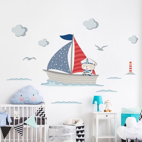 Stickers muraux Sticker Mural Autocollant - OURSON CAPITAINE DE BATEAU - Stickers adhésifs - 80x95cm (1/5)