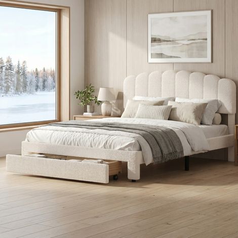 Letto 160x200 con cassetti, letto matrimoniale capitonné e porte USB/Type-C, letto con contenitore e rete, testiera a forma di conchiglia, velluto, stile scandinavo, Beige