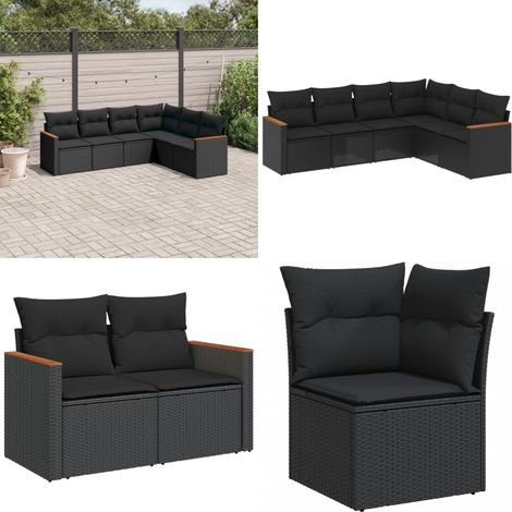 Set de sofás de jardín 6 piezas y cojines ratán sintético negro - Cojines para sofás - Ratán sintético