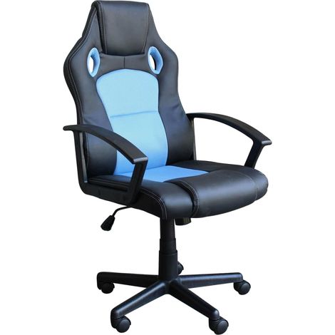Poltrona da ufficio e gaming ergonomica in pelle nera e tessuto azzurro Stark